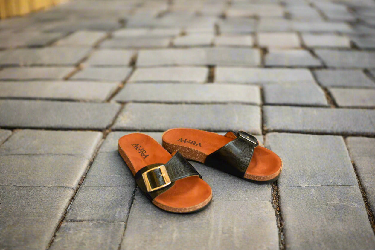 Leya black scaleskin slides